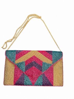 Multicolor Beaded Envelope Clutch Detachable Gold Chain Evening Bag Y2K